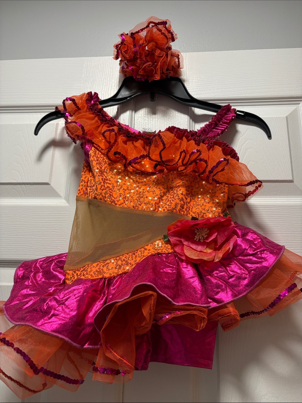 Girls' Orange and Pink Sequin Dance Costume with Floral Accent